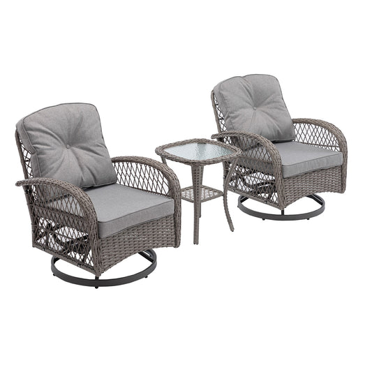 SINOFURN Set of 2 Wicker Gray Rattan Frame Swivel Conversation Chair with Gray Cushioned Seat