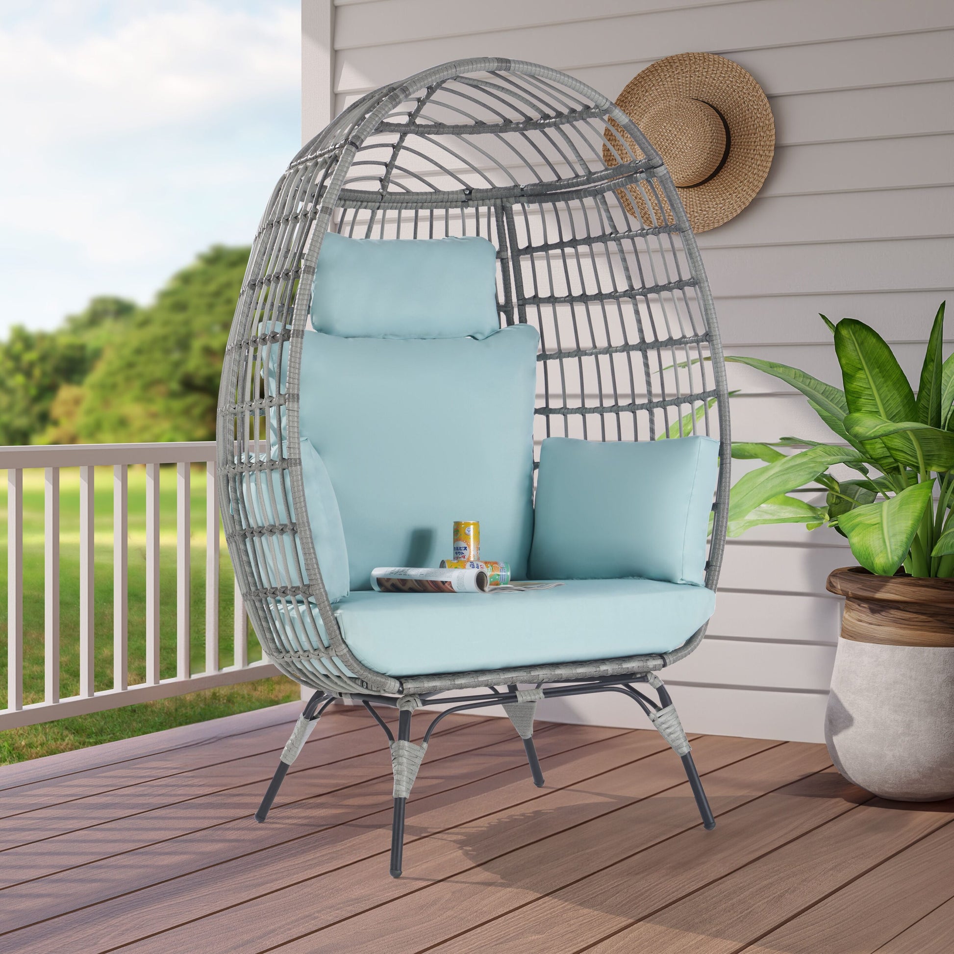 SANSTAR Patio Chairs Wicker Gray Rattan Frame Stationary Egg Chair with Blue Cushioned Seat