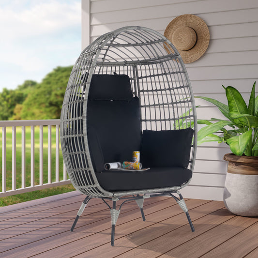 SANSTAR Patio Chairs Wicker Gray Rattan Frame Stationary Egg Chair with Black Cushioned Seat