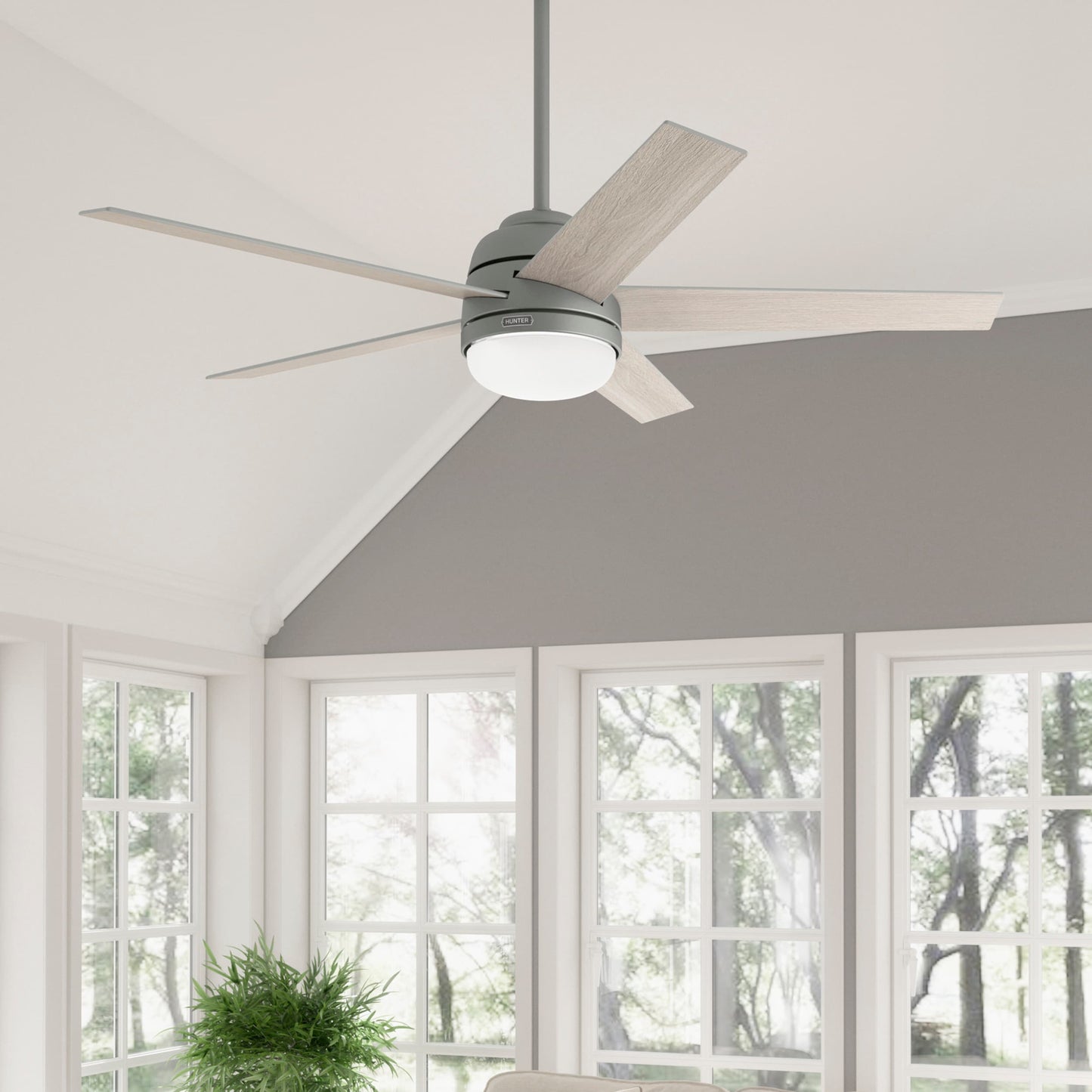 Hunter Coriolis SIMPLEconnect 60-in Matte Silver with Light Gray Oak Blades LED Indoor Smart Ceiling Fan with Light and Remote (5-Blade) 51480