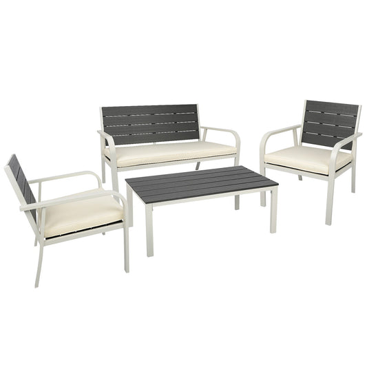 CESICIA Patio Furniture Sets Set of 3 Stackable White Steel Frame Stationary Conversation Chair with Off-white Cushioned Seat