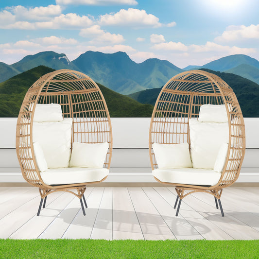 SANSTAR Patio Chairs Set of 2 Wicker Gray Metal Frame Spring motion Egg Chair with Off-white 220gsm Polyester Cushioned Seat