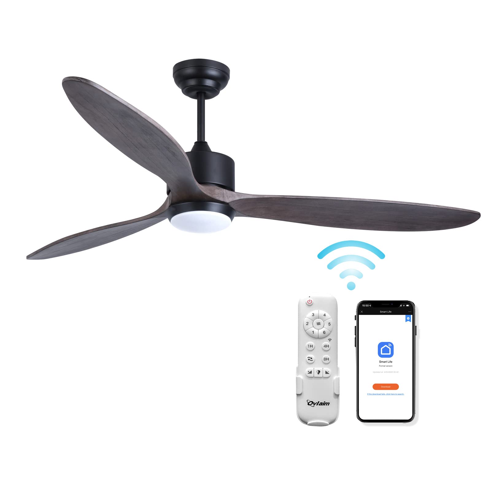 Yardreeze 60-in Color-Changing Smart Black with Brown Wood Blades Ceiling Fan With Light - Remote Included ( 3 -Blade )