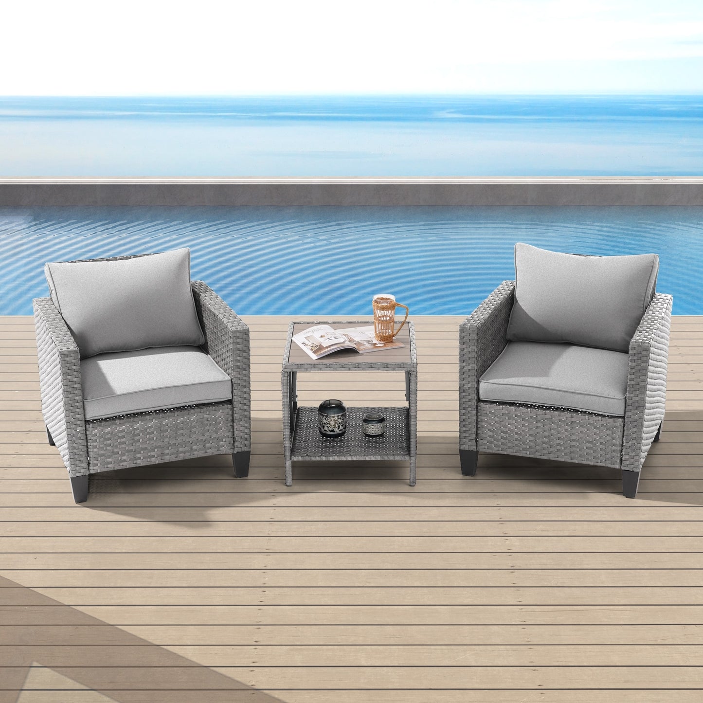 ACEGOSES 3 -Piece Wicker Patio Conversation Set with Gray Cushions
