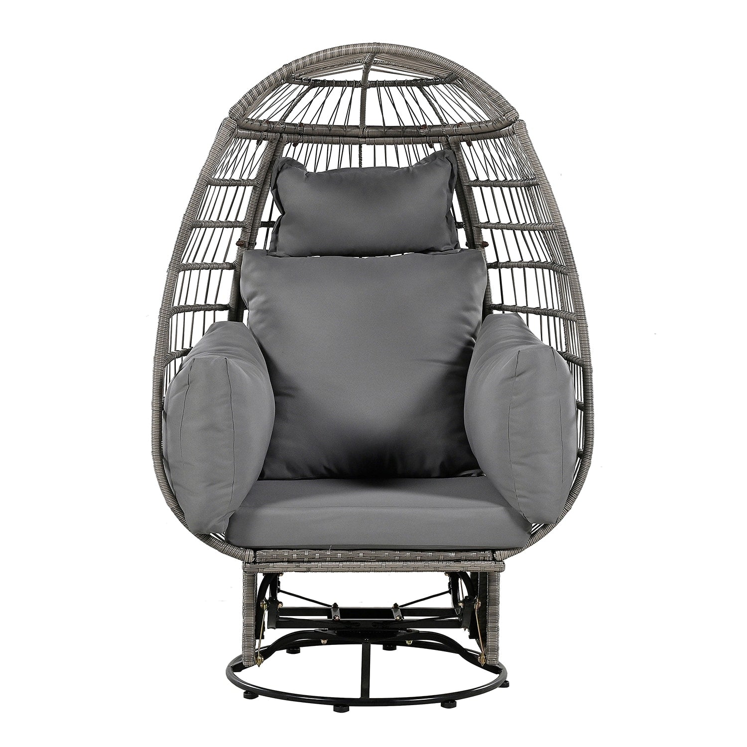 SINOFURN Rattan Gray Iron Frame Swivel Egg Chair with Gray Cushioned Seat