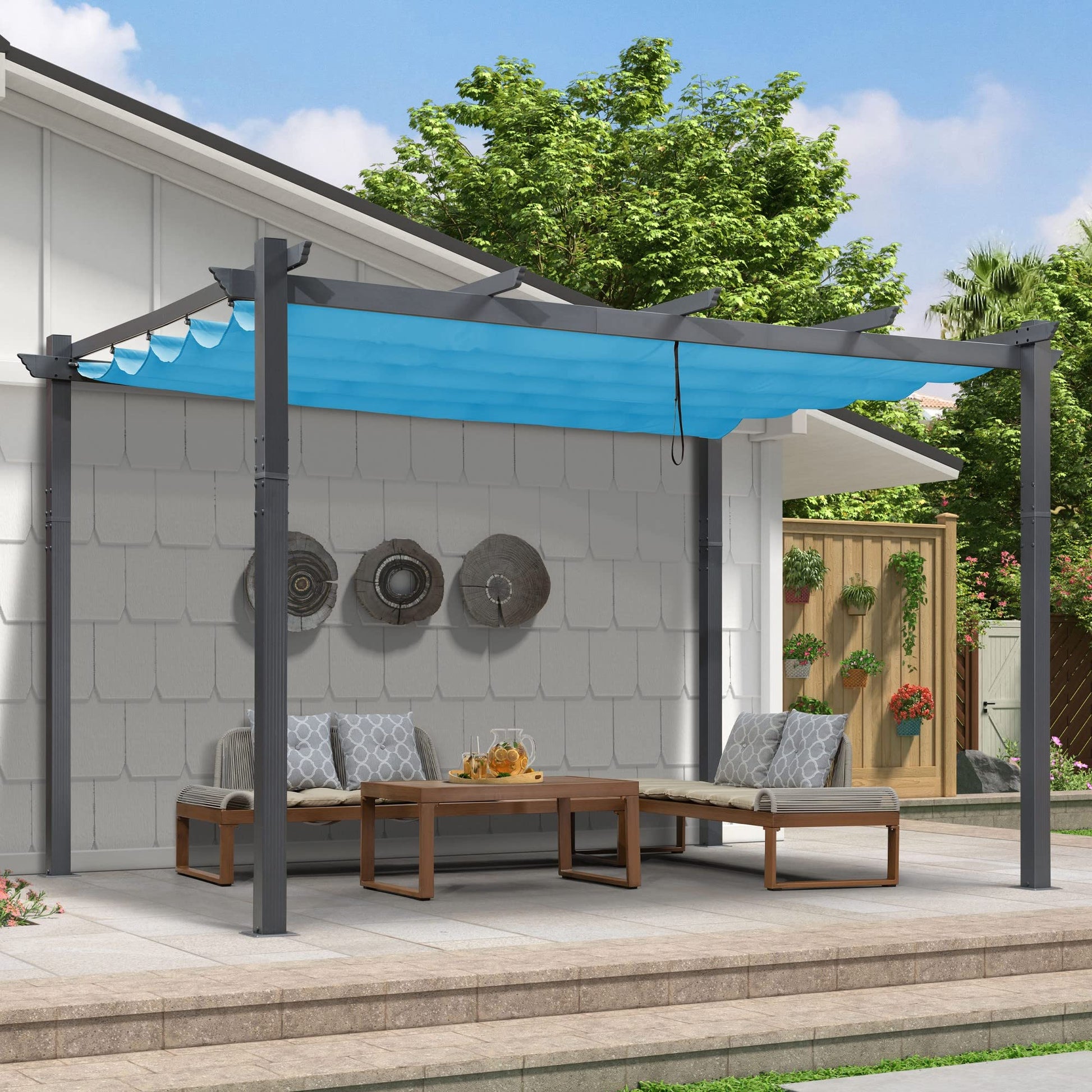 PURPLE LEAF Home and Garden 9-ft 8-in W x 13-ft L x 8-ft H Turquoise Blue Metal Freestanding Pergola with Canopy