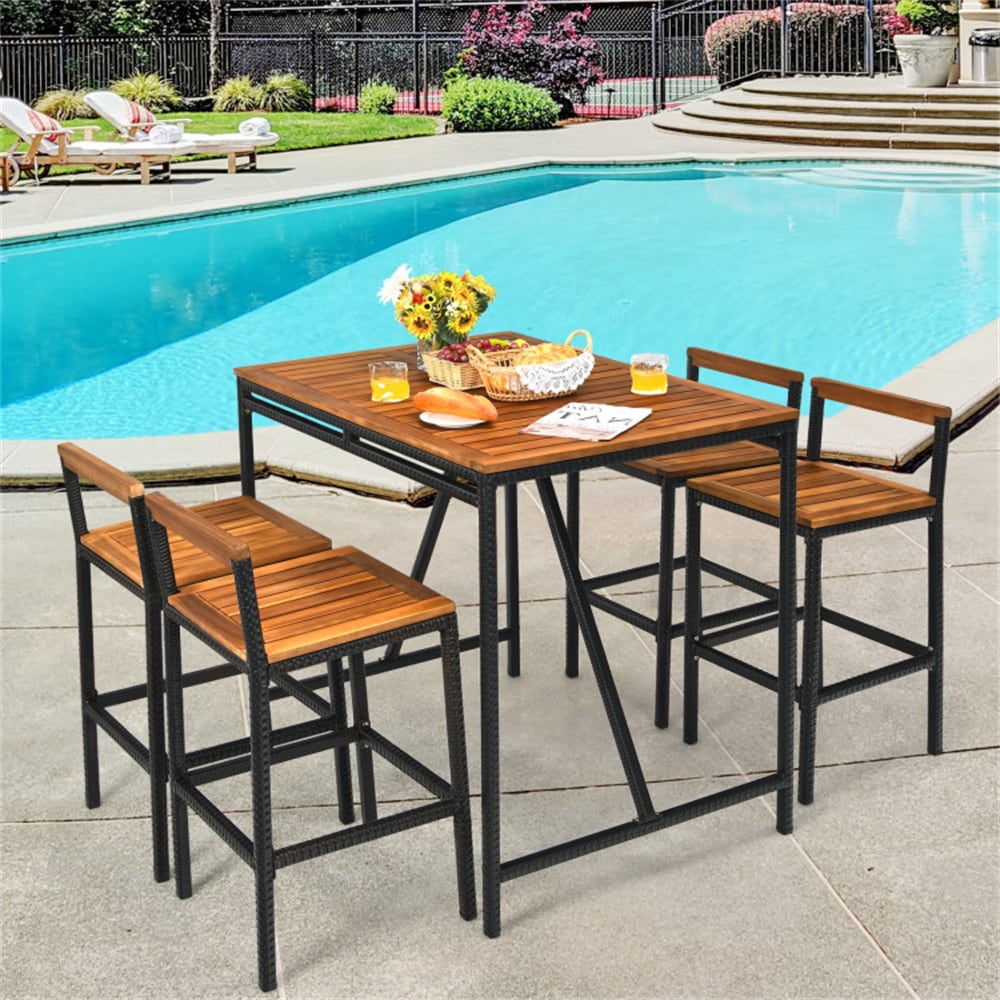 BABOOM Patio Furniture Set 5 -Piece Black Rattan Balcony Height Patio Dining Set Wood Rectangle Table with 4 Stationary Chairs
