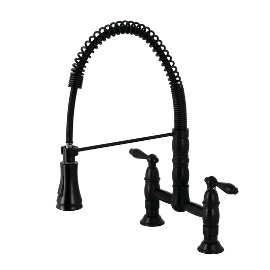 Kingston Brass Heritage Matte black Double Handle Deck-mount Bridge Kitchen Faucet with Sprayer
