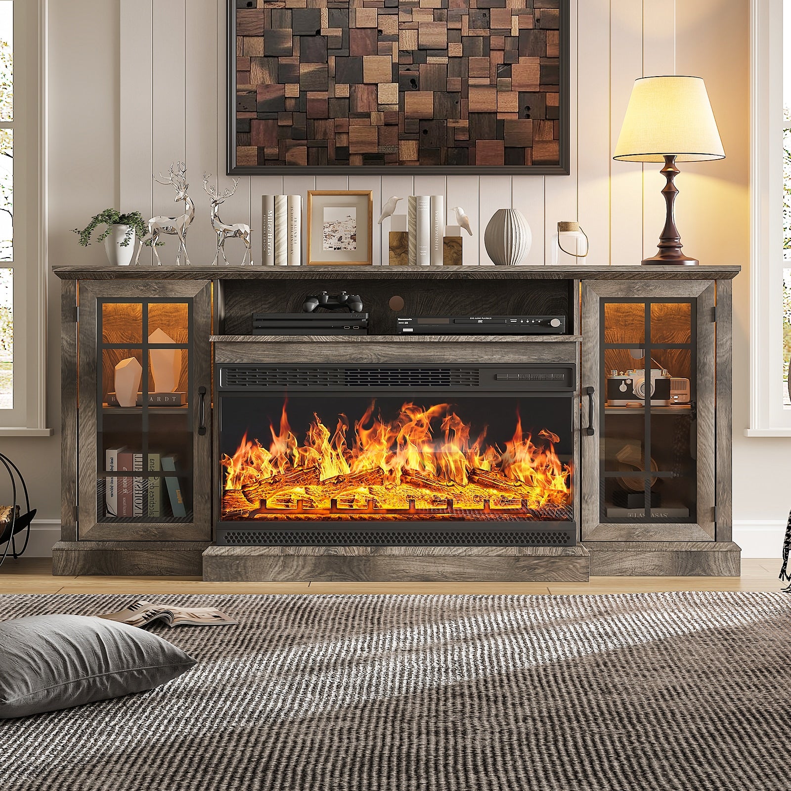 AOXUN 70-in W Gray TV Stand with LED Flat wall Electric Fireplace with Remote Control Included