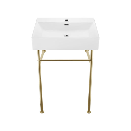 Swiss Madison Reims Ceramic 24.0-in Wall-mount Modern White/Gold Console Sink with Base