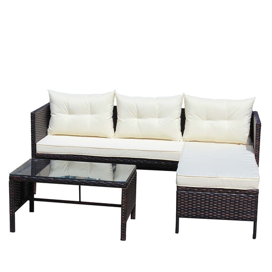 SINOFURN Rattan Outdoor Sectional with Beige Cushions and Rattan Frame