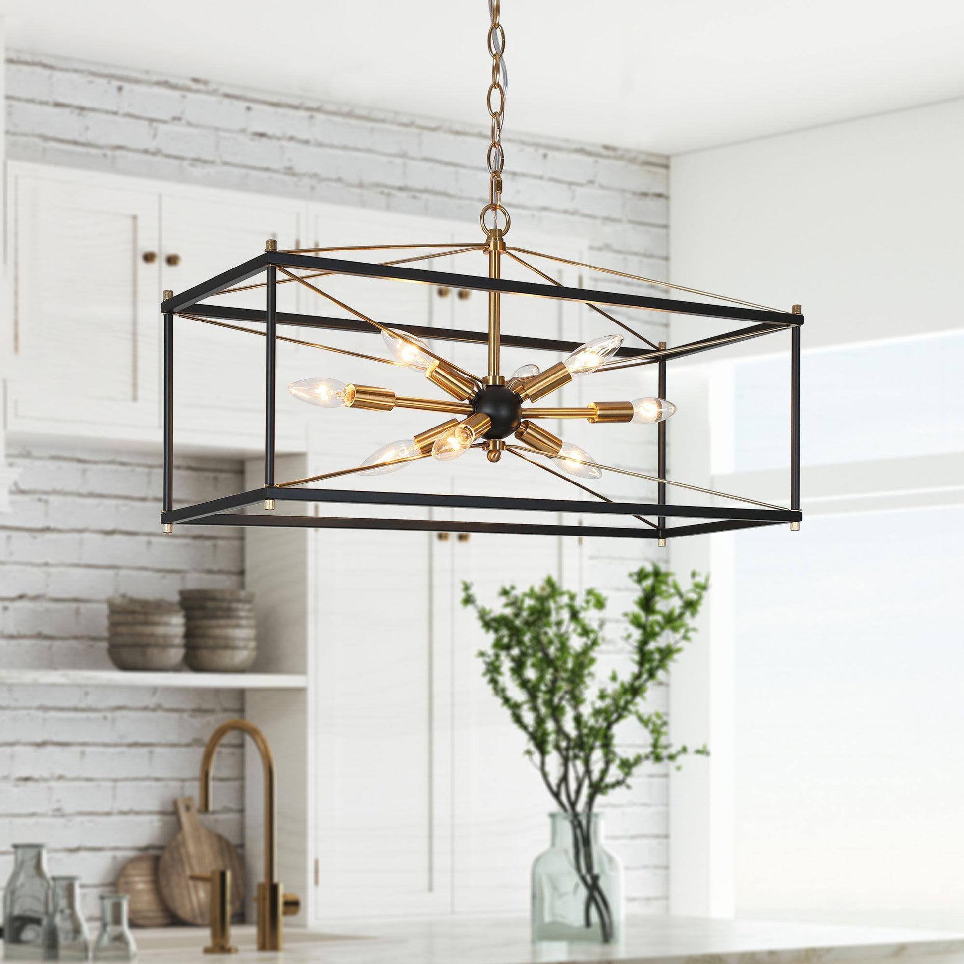 ZEVNI Byran 8 -Light Matte Black/Polished Gold Rectangle Modern/contemporary Linear Medium Hanging Kitchen island light