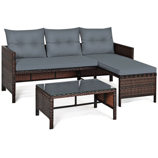 Forclover Patio Conversation Sets 3 -Piece Rattan Patio Sofa Conversation Set with Gray Cushions