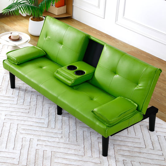 67 inch Futon Sofa Bed Faux Leather Couch Modern Convertible Folding Recliner with 2 Cup Holders for Living Room,Bedroom,Green