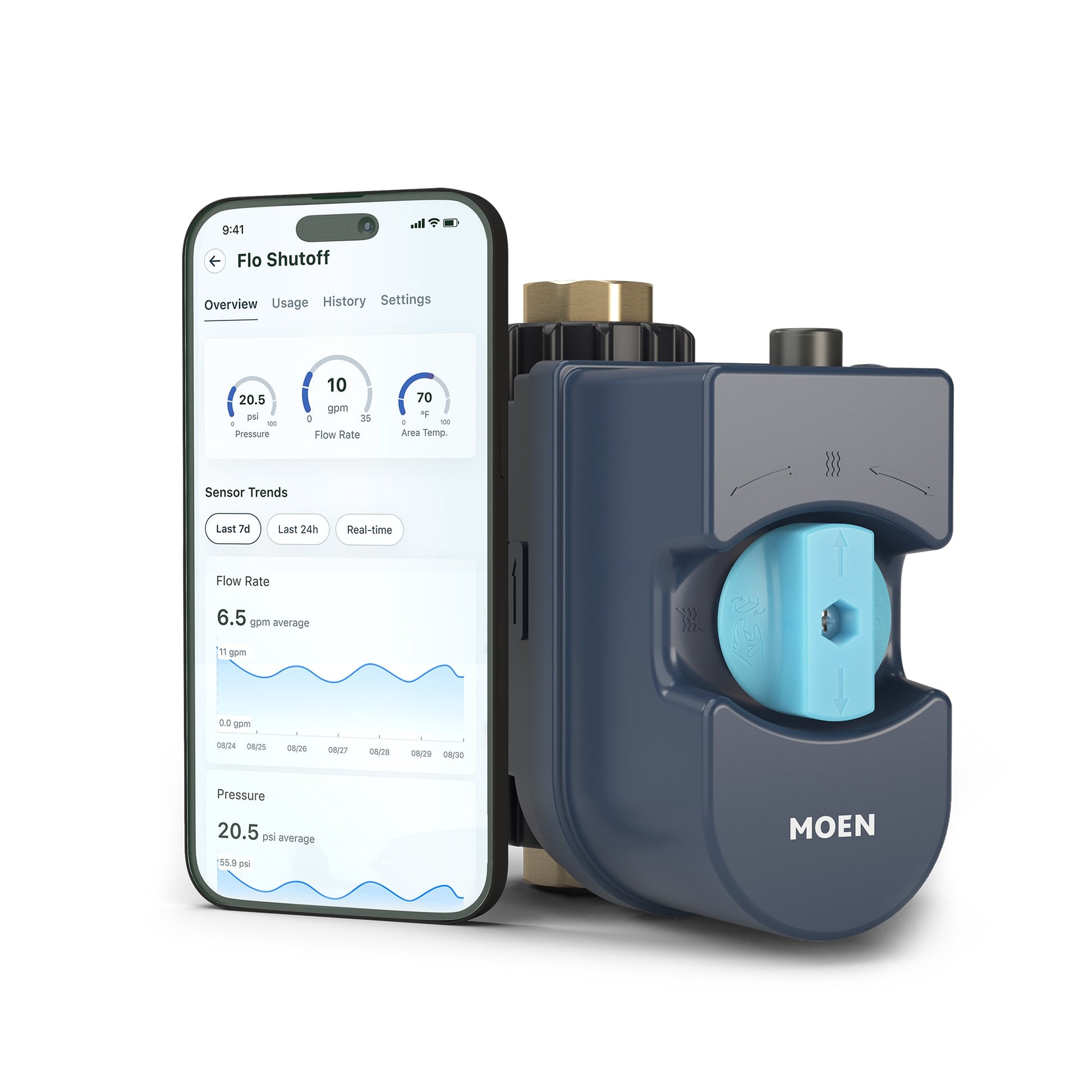 Moen Flo Smart Water Monitor 3/4-in to 1-1/4-in Indoor/Outdoor Smart Water Leak Detector with Automatic Shut-off Valve 900-001