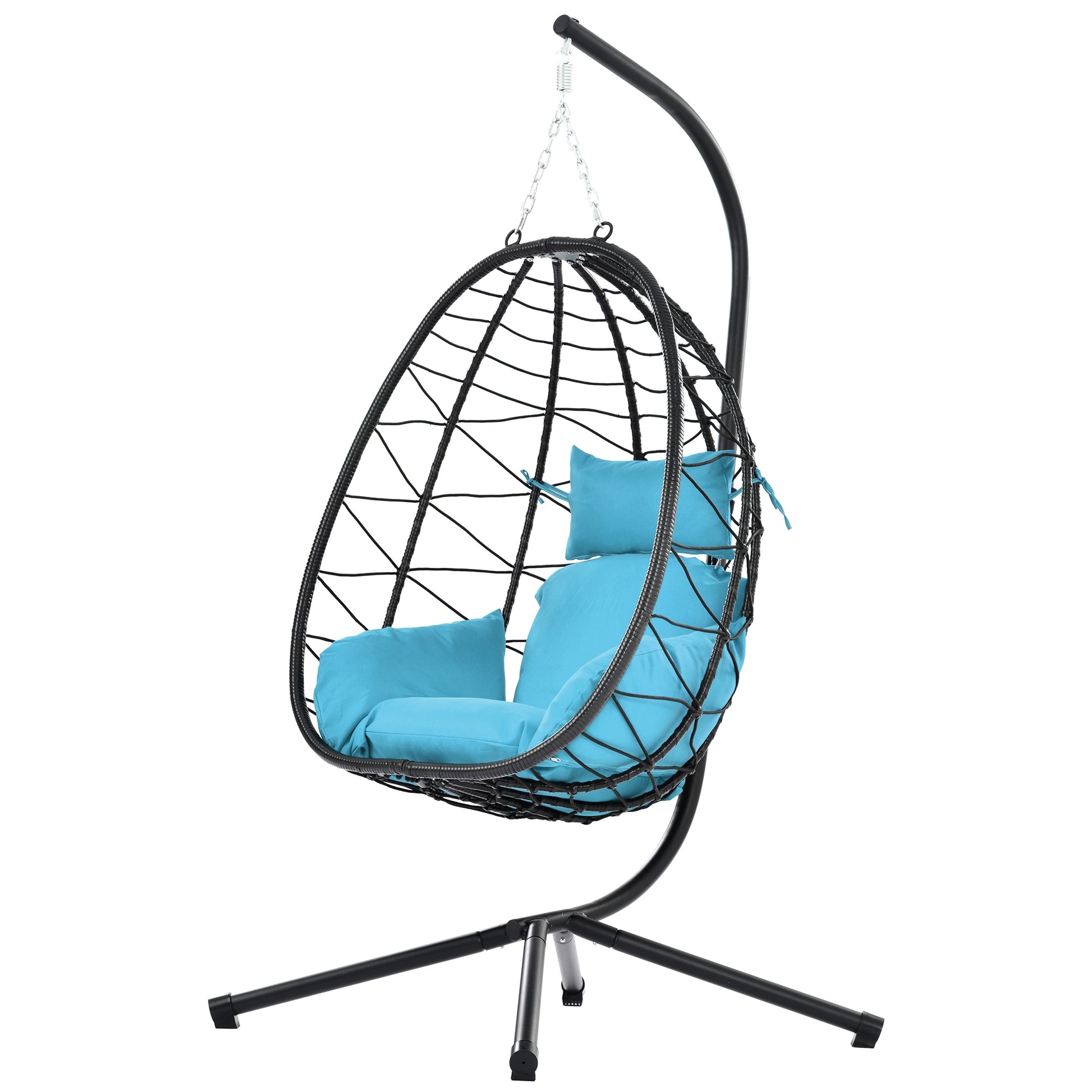 Mondawe Egg Chairs Wicker Black Metal Frame Hanging Egg Chair with Blue Cushioned Seat