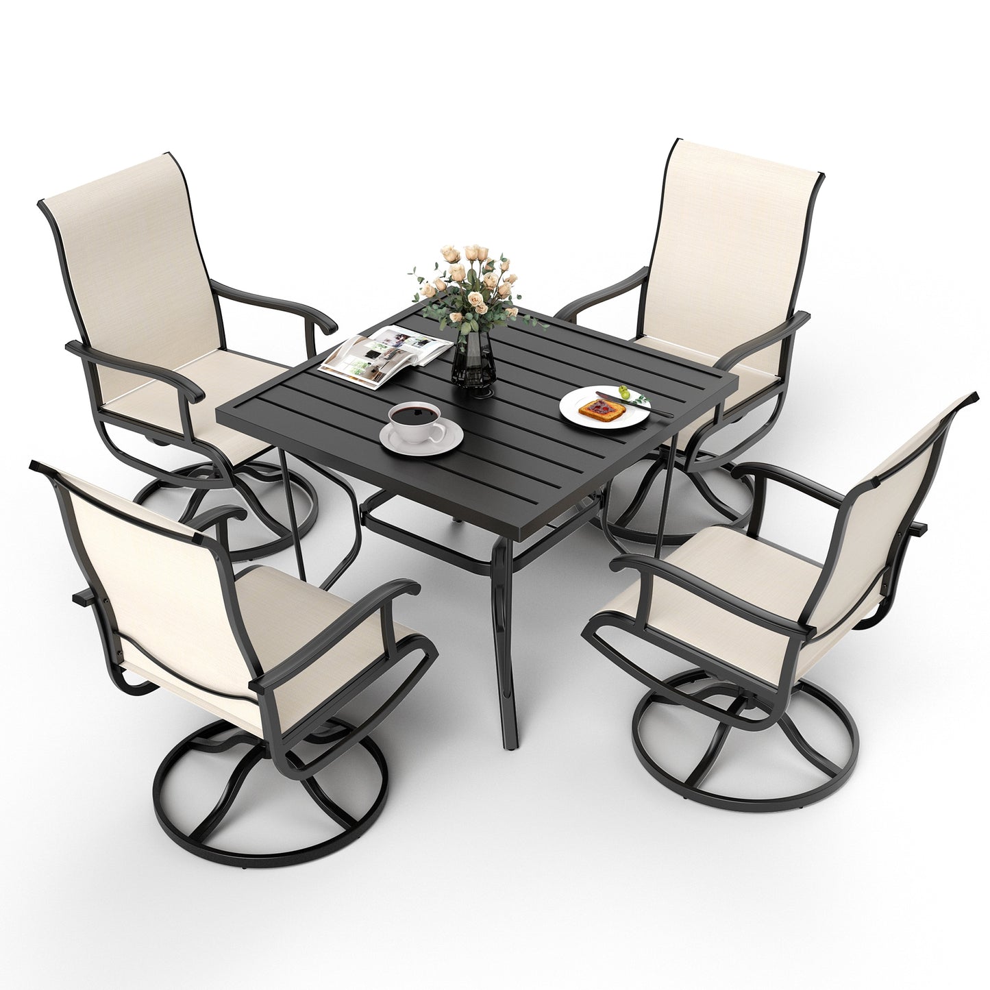 PamaPic 5 -Piece Black Patio Dining Set Iron Square Table with 4 Brown Swivel Chairs