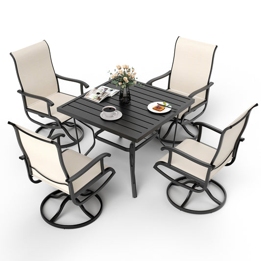 PamaPic 5 -Piece Black Patio Dining Set Iron Square Table with 4 Brown Swivel Chairs