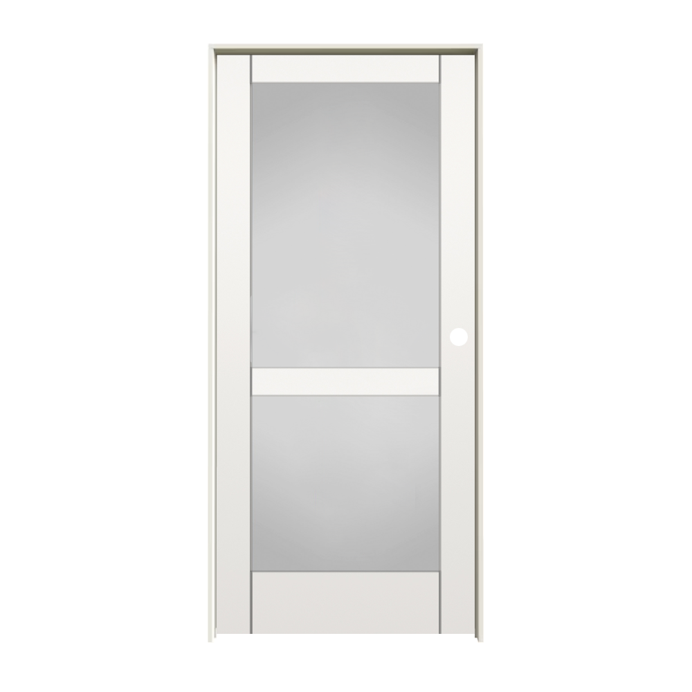 RELIABILT 28-in x 80-in Solid core 2-panel square Frosted glass Left hand Smooth Unfinished MDF Flat Jamb Single Prehung Interior Door