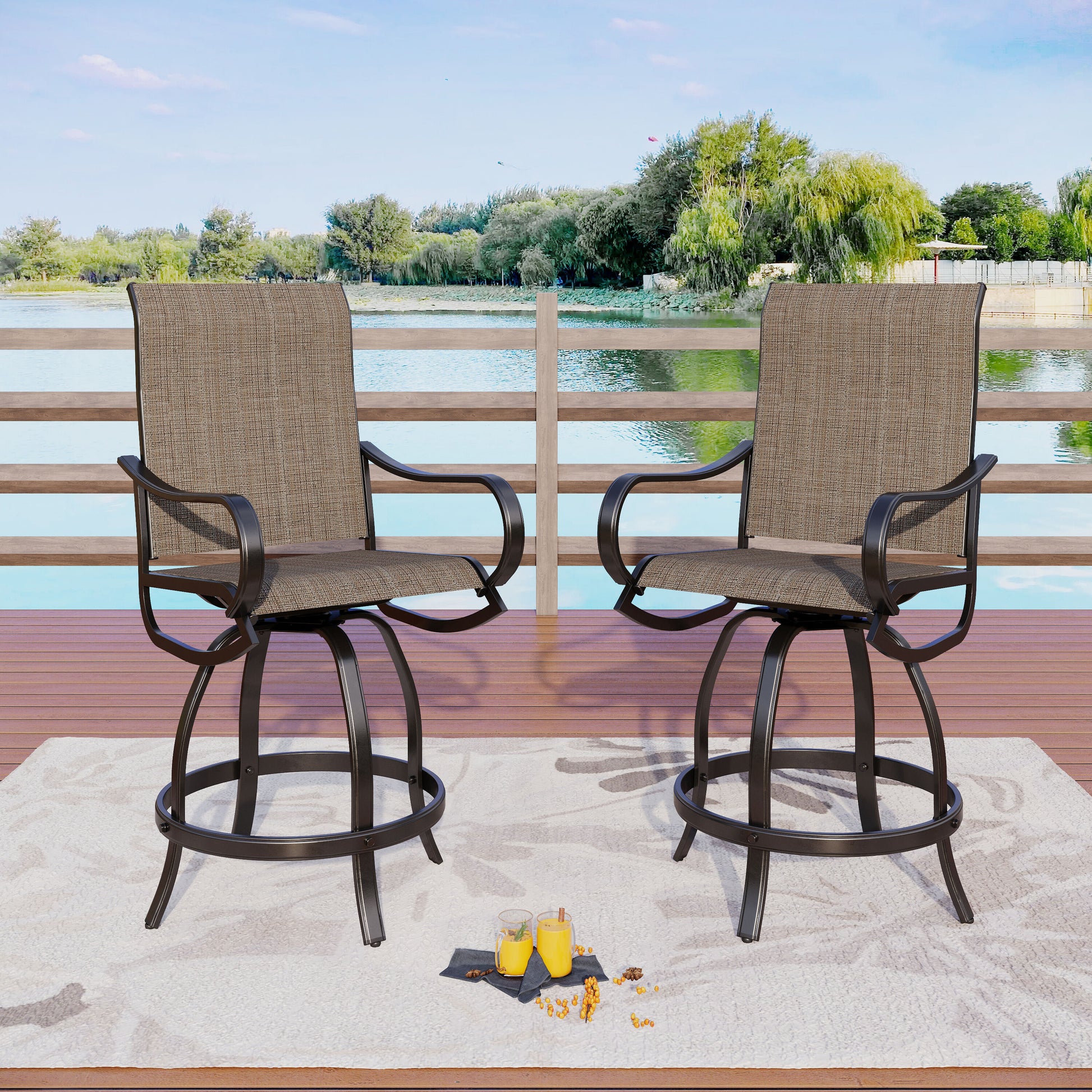 Sunshine Valley Set of 2 Black Steel Frame Swivel Bar Stool Chair with Brown Textilene Sling Seat