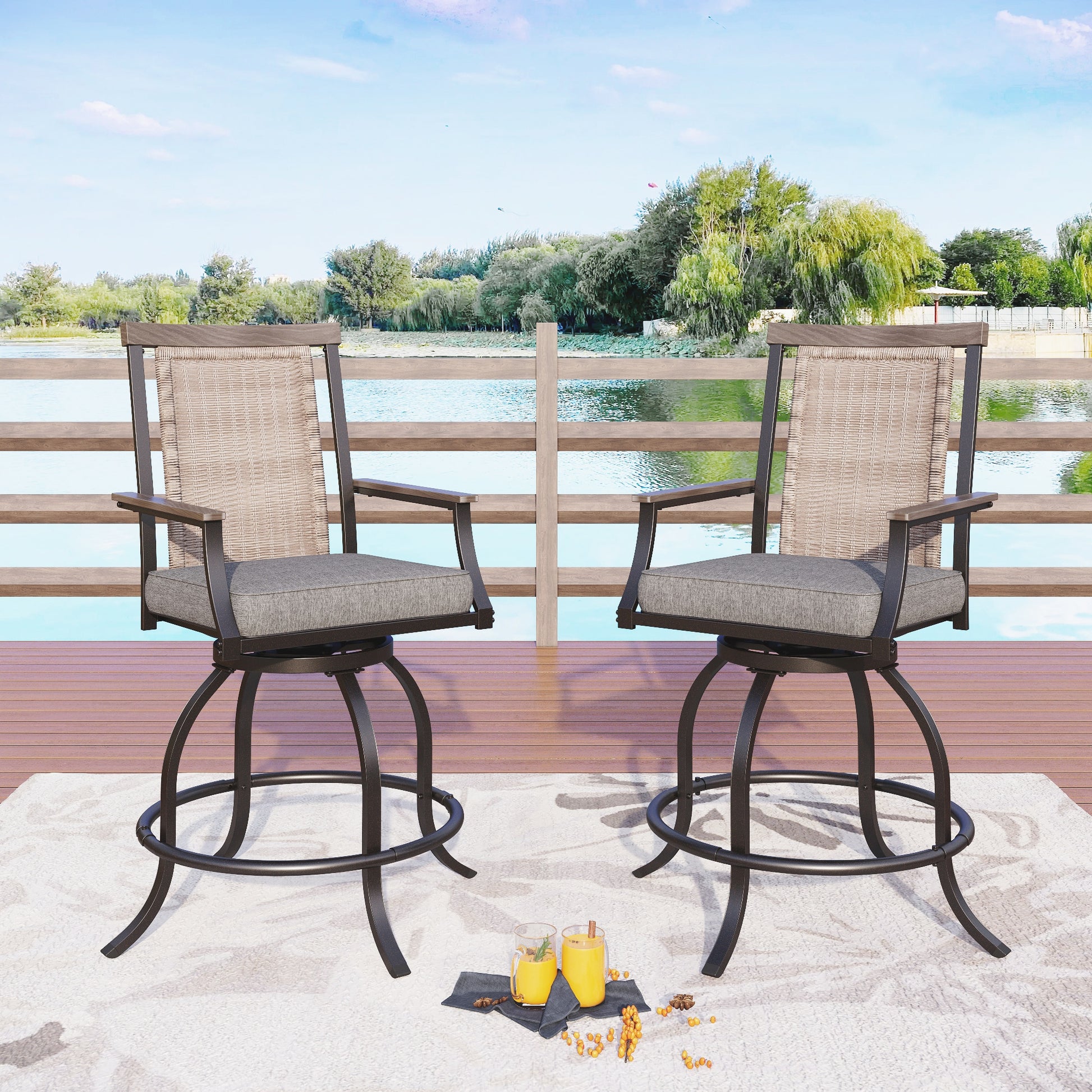 Sunshine Valley Set of 2 Rattan Black Steel Frame Swivel Bar Stool Chair with Gray Olefin Cushioned Seat