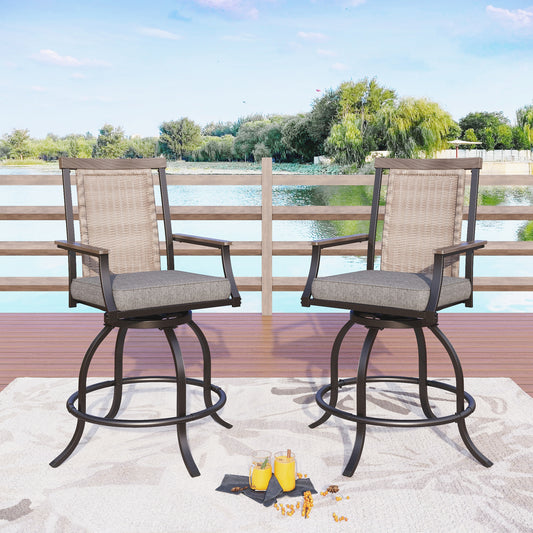 Sunshine Valley Set of 2 Rattan Black Steel Frame Swivel Bar Stool Chair with Gray Olefin Cushioned Seat