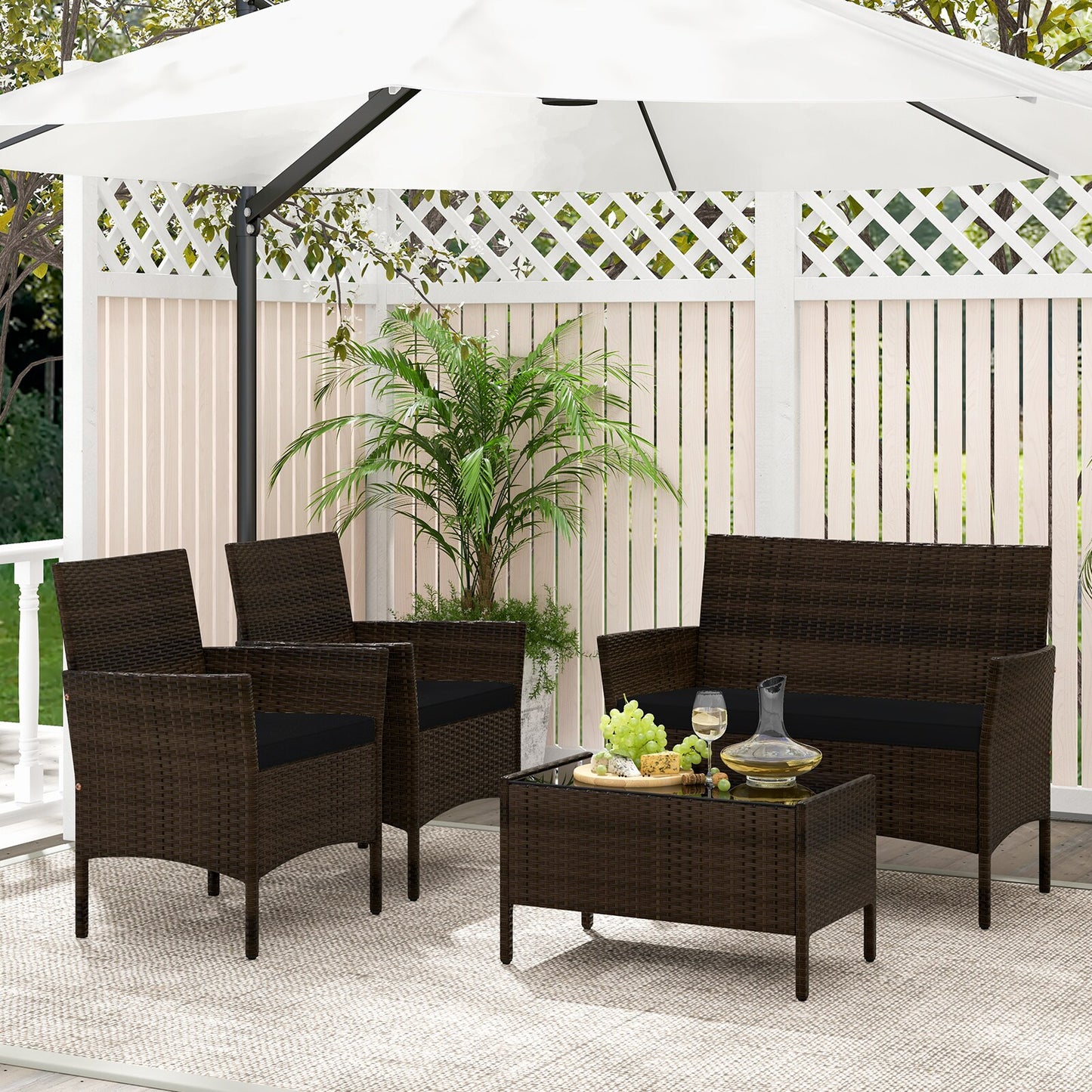 Forclover 4 -Piece Rattan Patio Conversation Set with Black Cushions