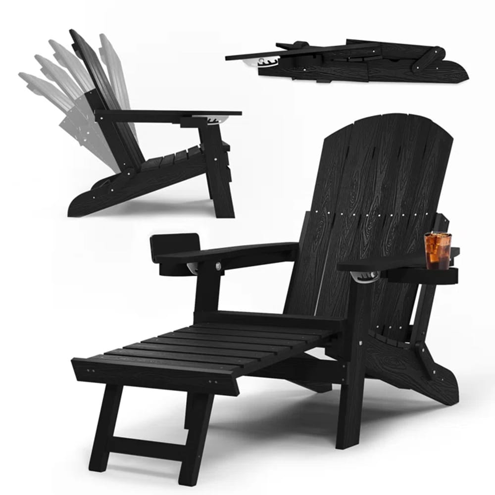 WINSOON Black Adirondack Chair with Retractable Ottoman Black Plastic Frame Stationary Adirondack Chair with Black Slat Seat