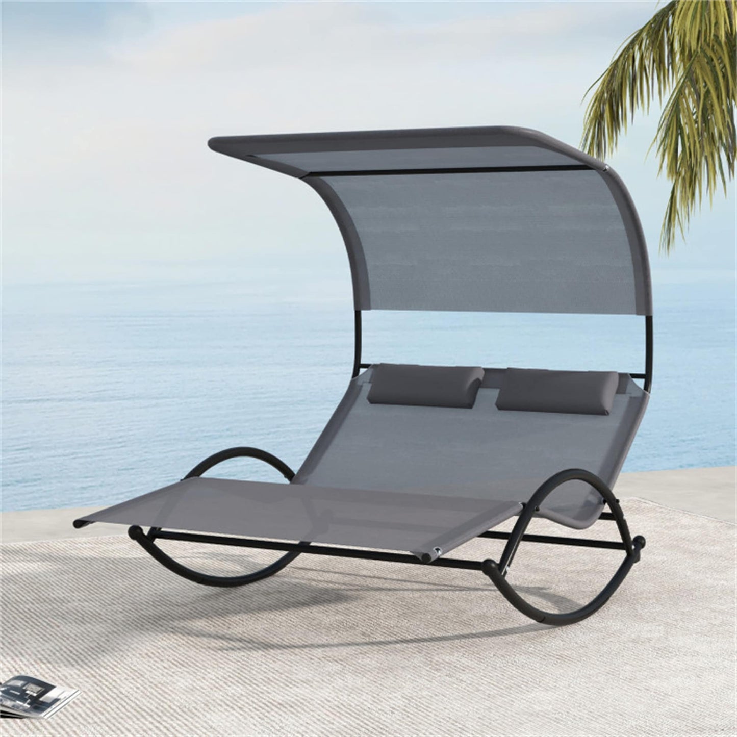 BABOOM Outdoor Canopied Patio Lounger Gray Metal Frame Chaise Lounge Chair with Gray Solid Seat