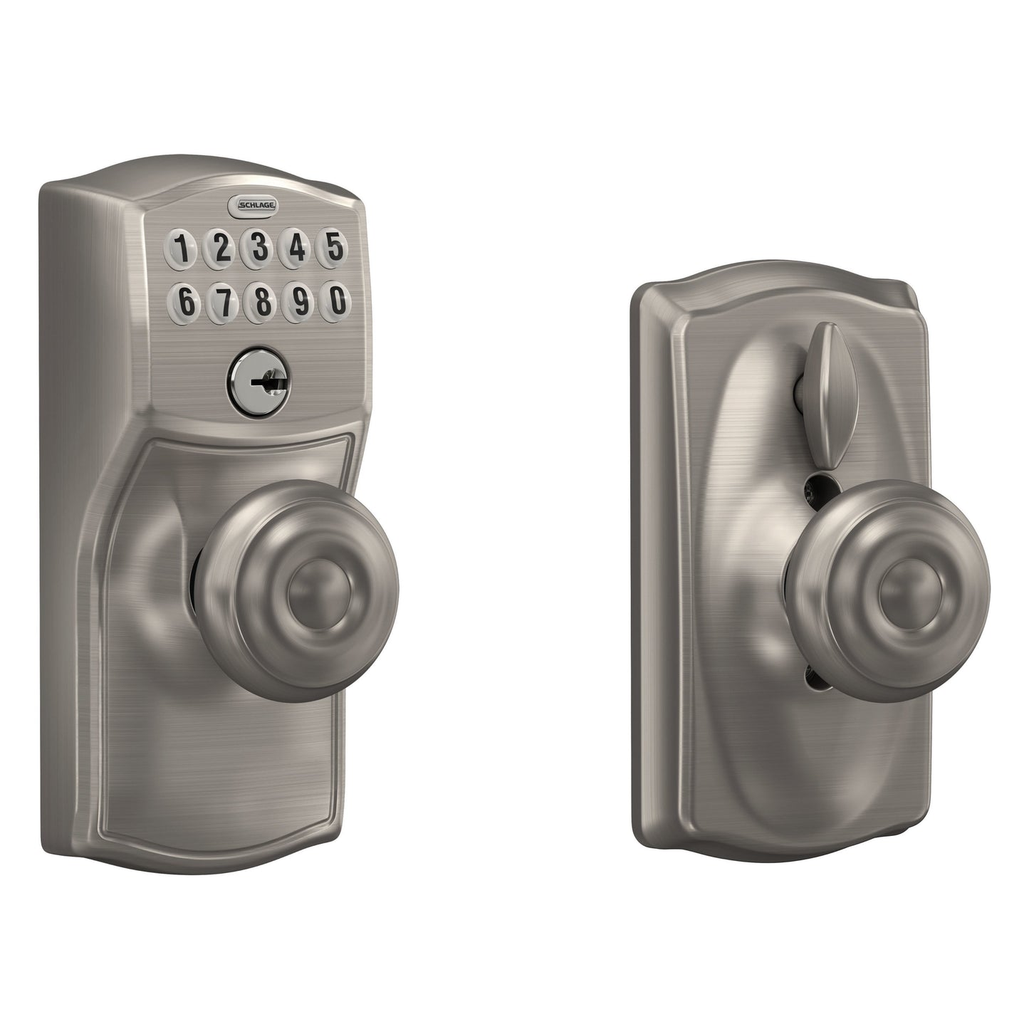 Schlage Customizable Keying Camelot-Georgian Satin Nickel Electronic Knob with Keypad FE595 CAM 619 GEO G