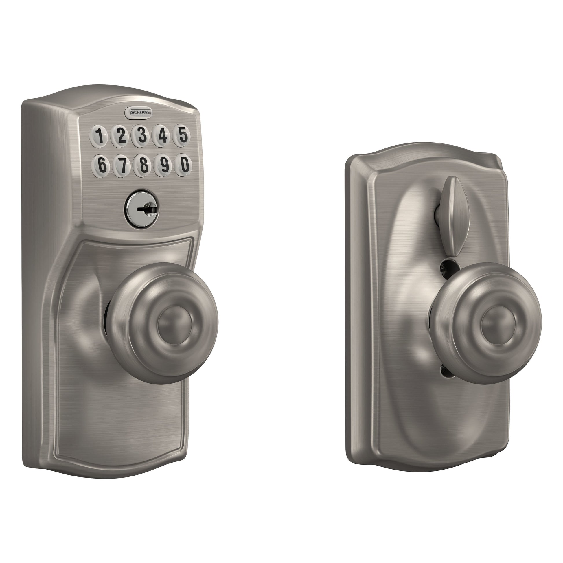 Schlage Customizable Keying Camelot-Georgian Satin Nickel Electronic Knob with Keypad FE595 CAM 619 GEO G