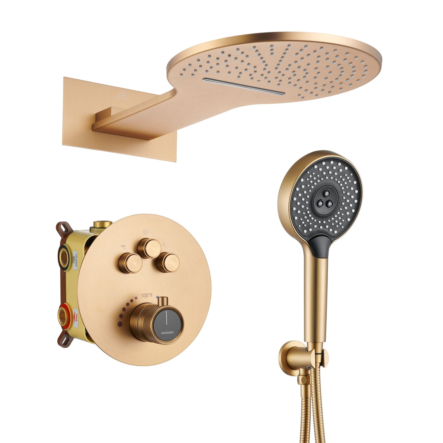 CASAINC Brushed Gold 22-in Waterfall Built-In ShowerÂ FaucetÂ System with 3-way Diverter ( Thermostatic Valve Included )