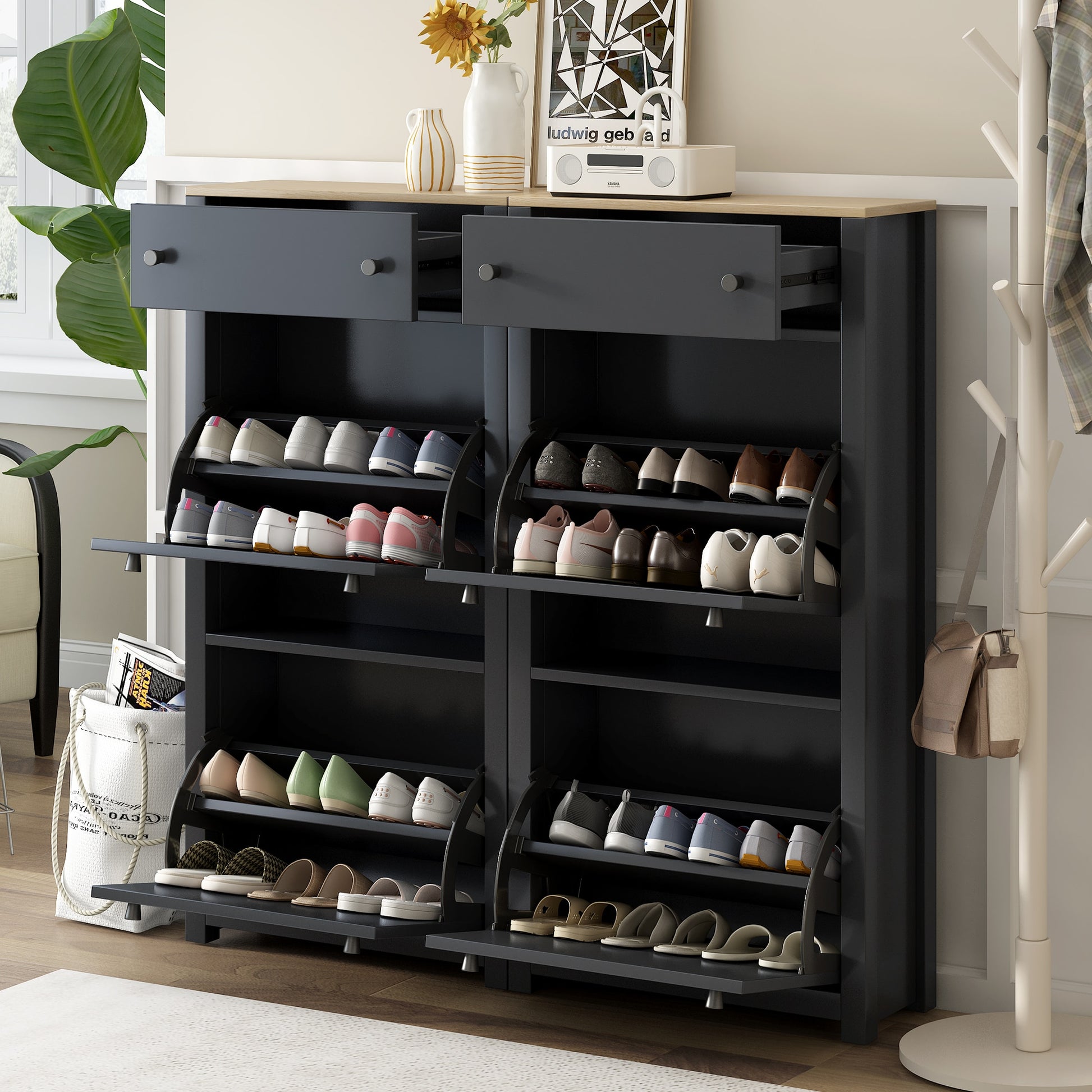 ModernLuxe 47.2-in H 5 Tier 24 pair Black MDF Shoe cabinet