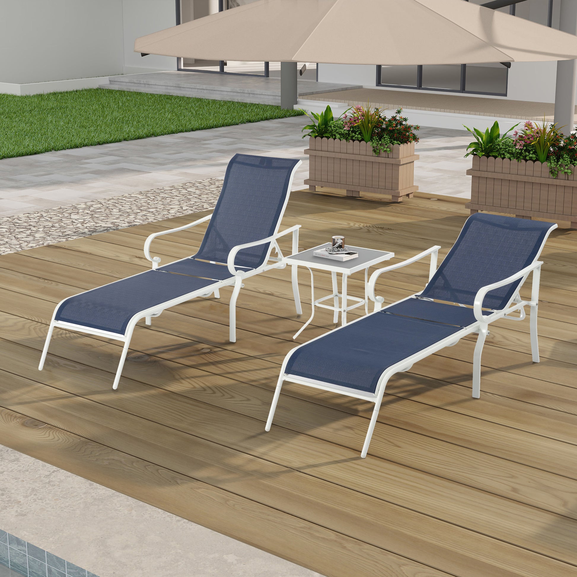 Moda Furnishings Cocolelia Set of 2 Blue Steel Frame Stationary Chaise Lounge Chair with Blue Woven Seat