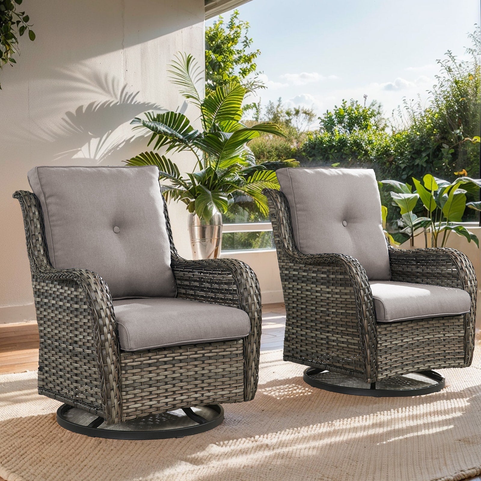 Jeehope PACHAIRS-T Set of 2 Wicker Gray Steel Frame Swivel glider Conversation Chair with Gray Cushioned Seat