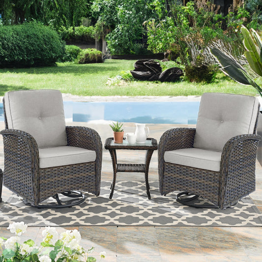 Jeehope PACHAIRS-T Set of 2 Wicker Brown Steel Frame Swivel glider Conversation Chair with Beige Cushioned Seat