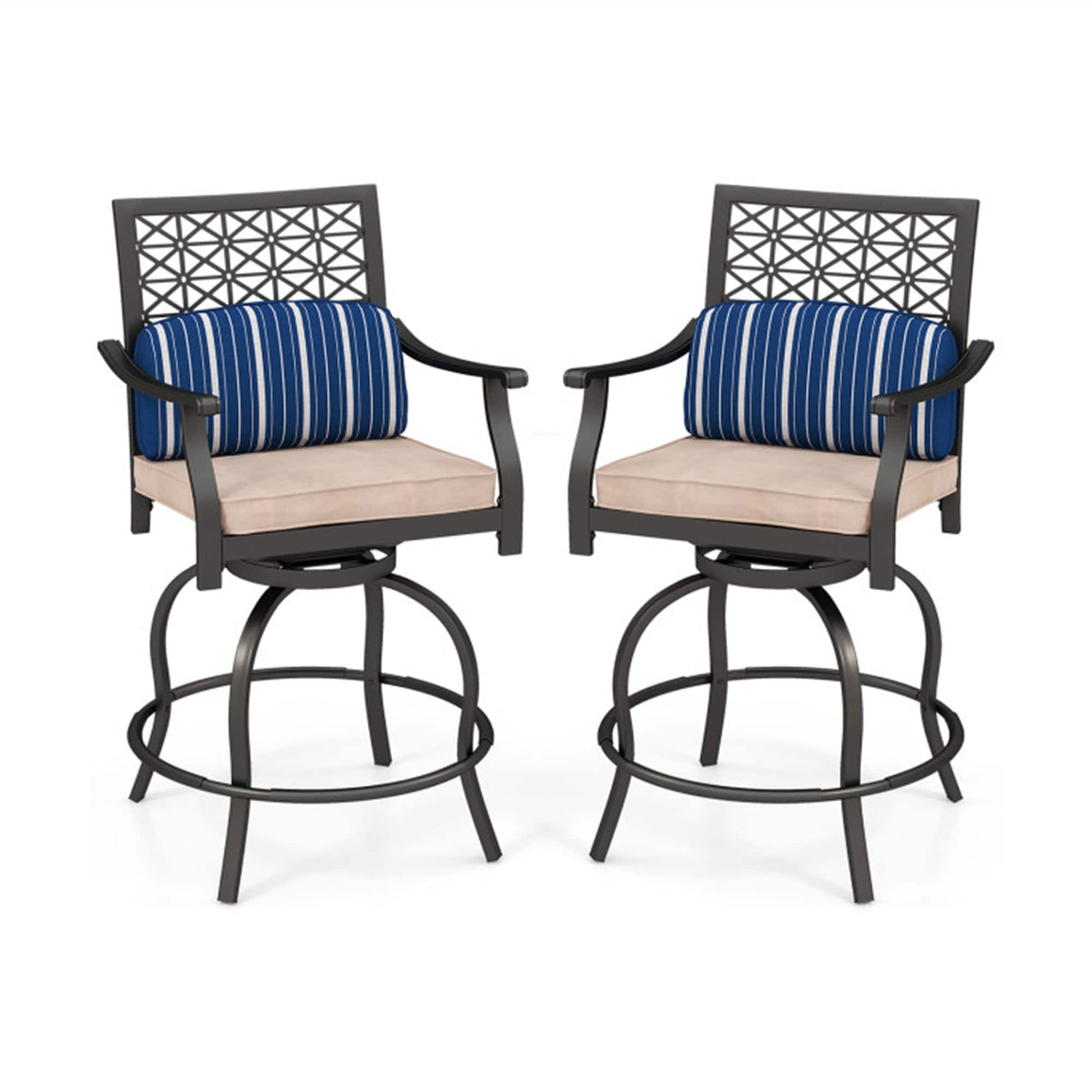 BABOOM Outdoor Bar Stools Set of 2 Black Steel Frame Swivel rocker Bar Stool Chair with Brown Cushioned Seat