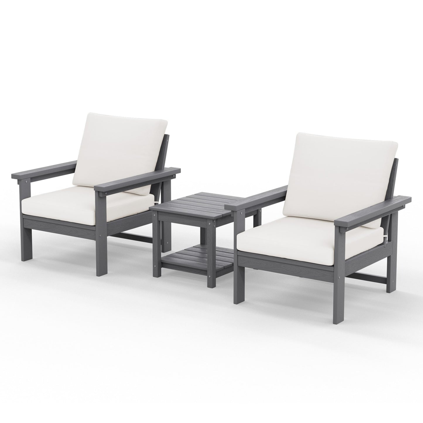 JEAREY HDPE Outdoor Conversation Set with Two Cushioned Single Chairs Side Table 3 -Piece Patio Conversation Set with Beige Cushions