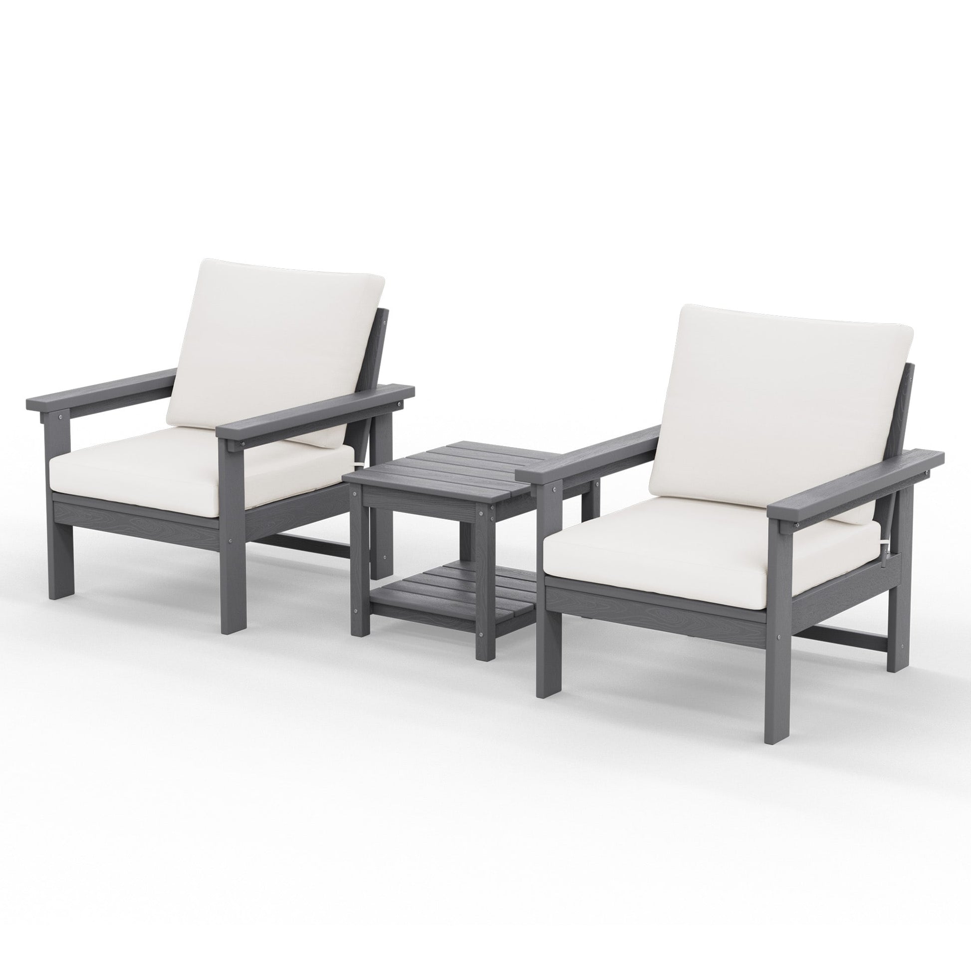 JEAREY HDPE Outdoor Conversation Set with Two Cushioned Single Chairs Side Table 3 -Piece Patio Conversation Set with Beige Cushions