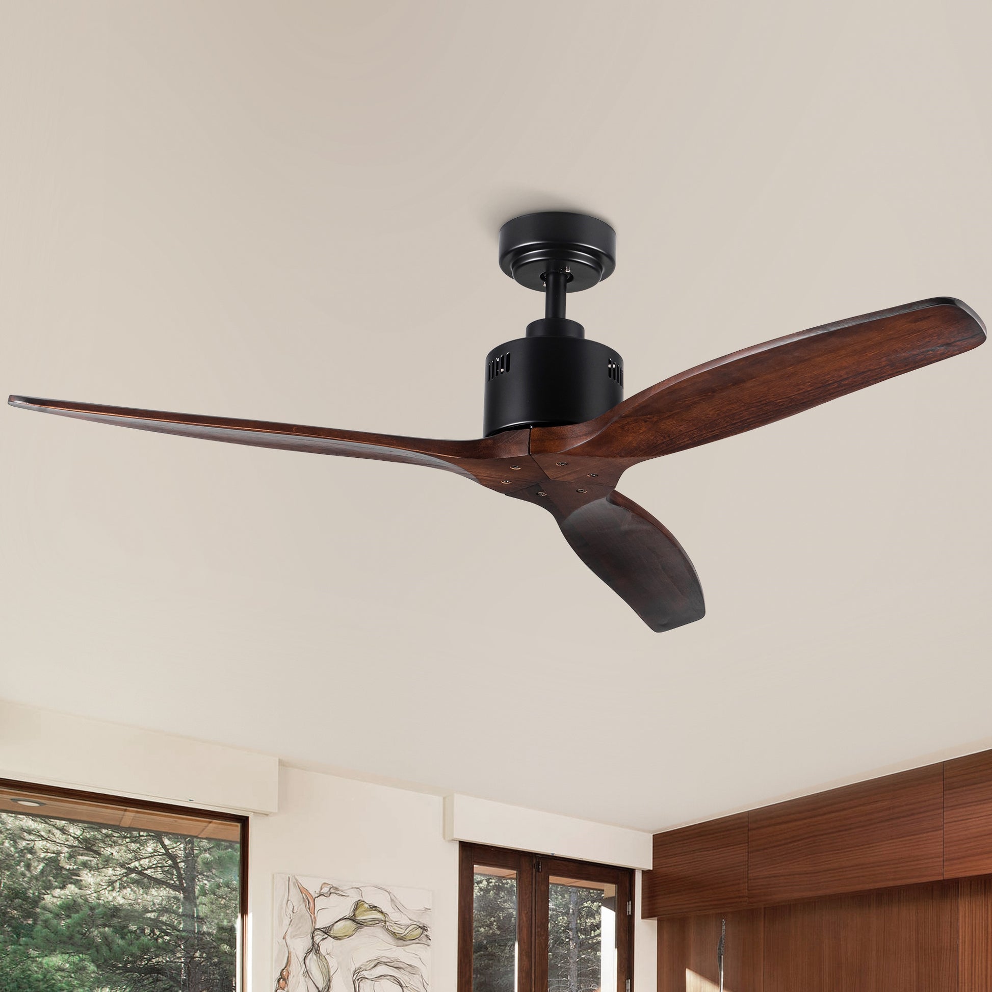 BABOOM 52-in Matte Black with Brown Blades Ceiling Fan Without Light - Remote Included ( 3 -Blade )