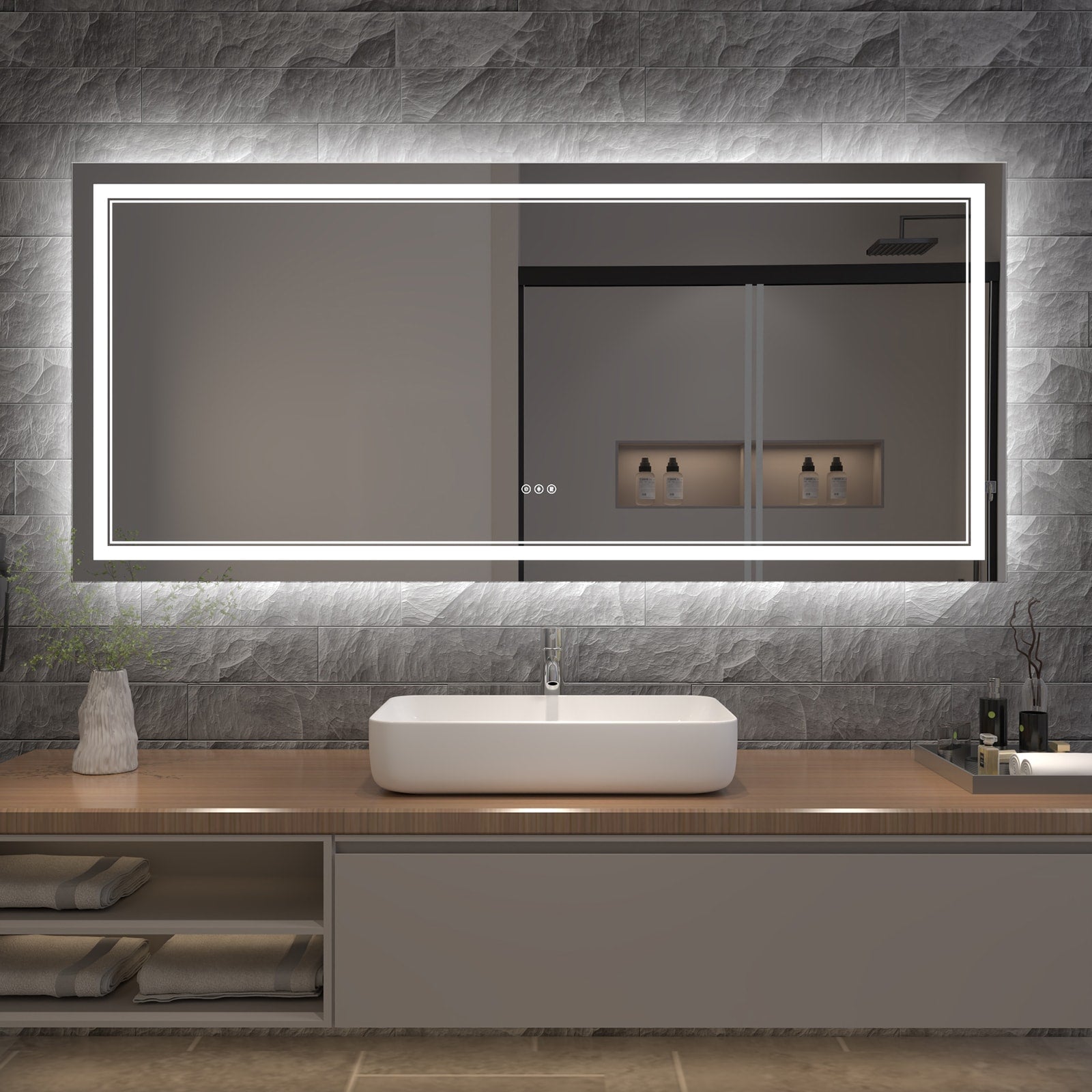 AAZJ JTF 72-in x 32-in Polished Frameless Rectangle Dimmable LED Lighted Fog Free Bathroom Vanity Mirror ( White )