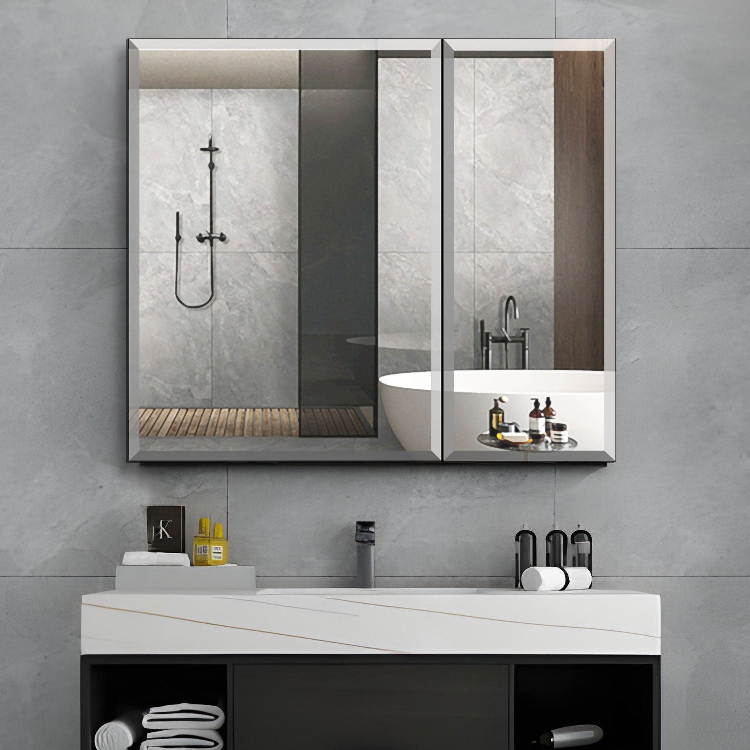 Forclover KF 30-in x 26-in Surface/Recessed Mount Satin Mirrored Rectangle Soft Close Medicine Cabinet