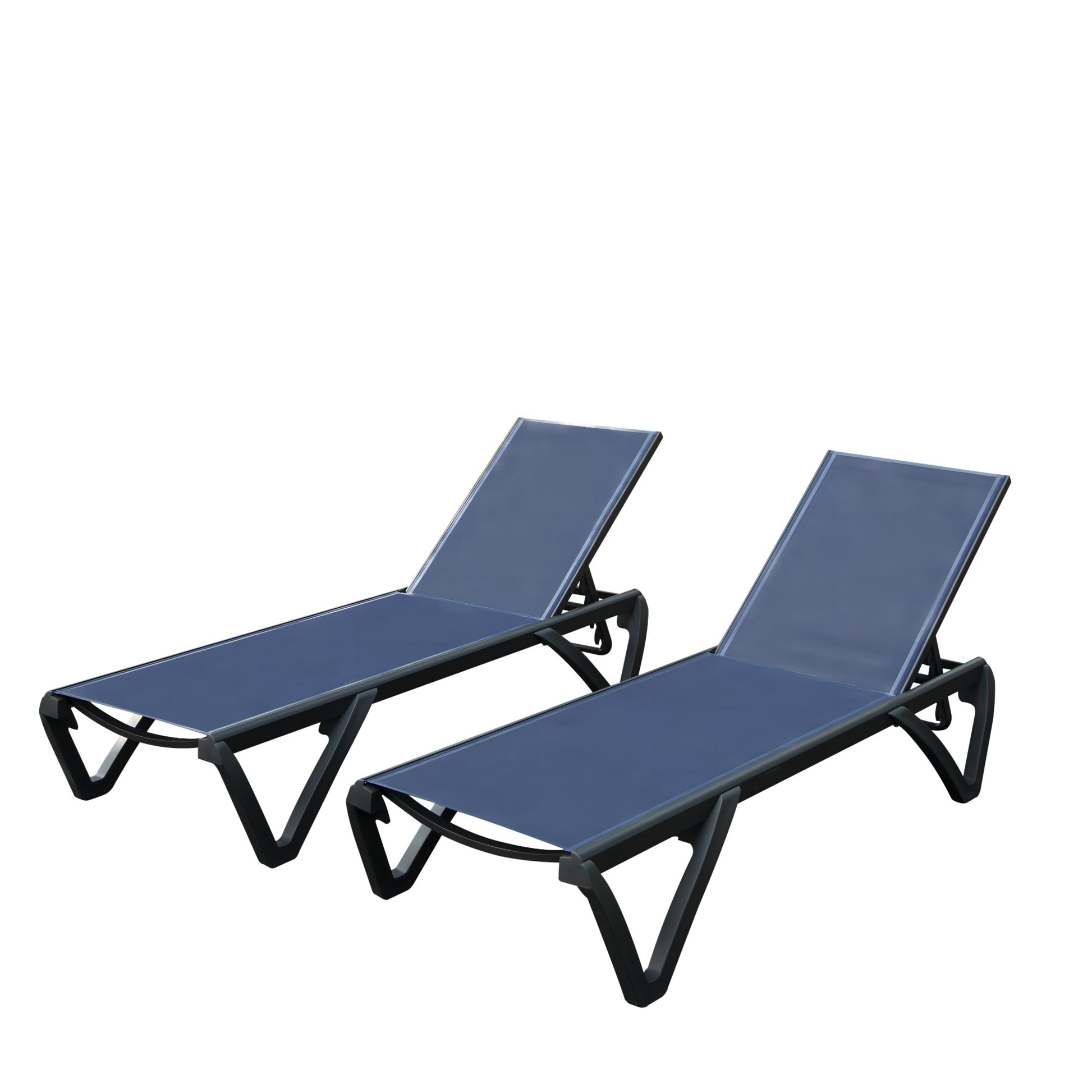 BABOOM Outdoor Chair Set of 2 Stackable Black Aluminum Frame Stationary Chaise Lounge Chair with Blue Texitilene fabric Sling Seat