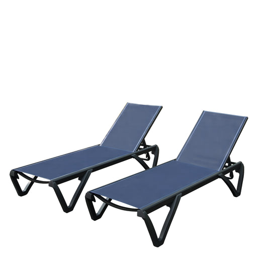 BABOOM Outdoor Chair Set of 2 Stackable Black Aluminum Frame Stationary Chaise Lounge Chair with Blue Texitilene fabric Sling Seat