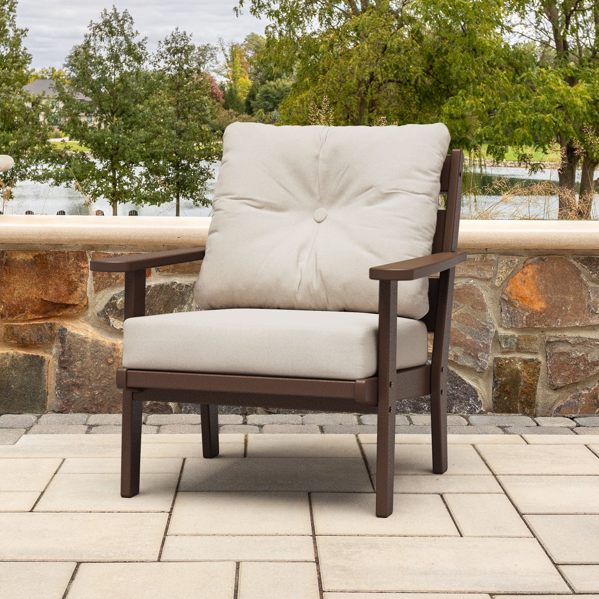 allen + roth by POLYWOOD Oakport Mahogany HDPE Frame Stationary Conversation Chair with Beige Cushioned Seat