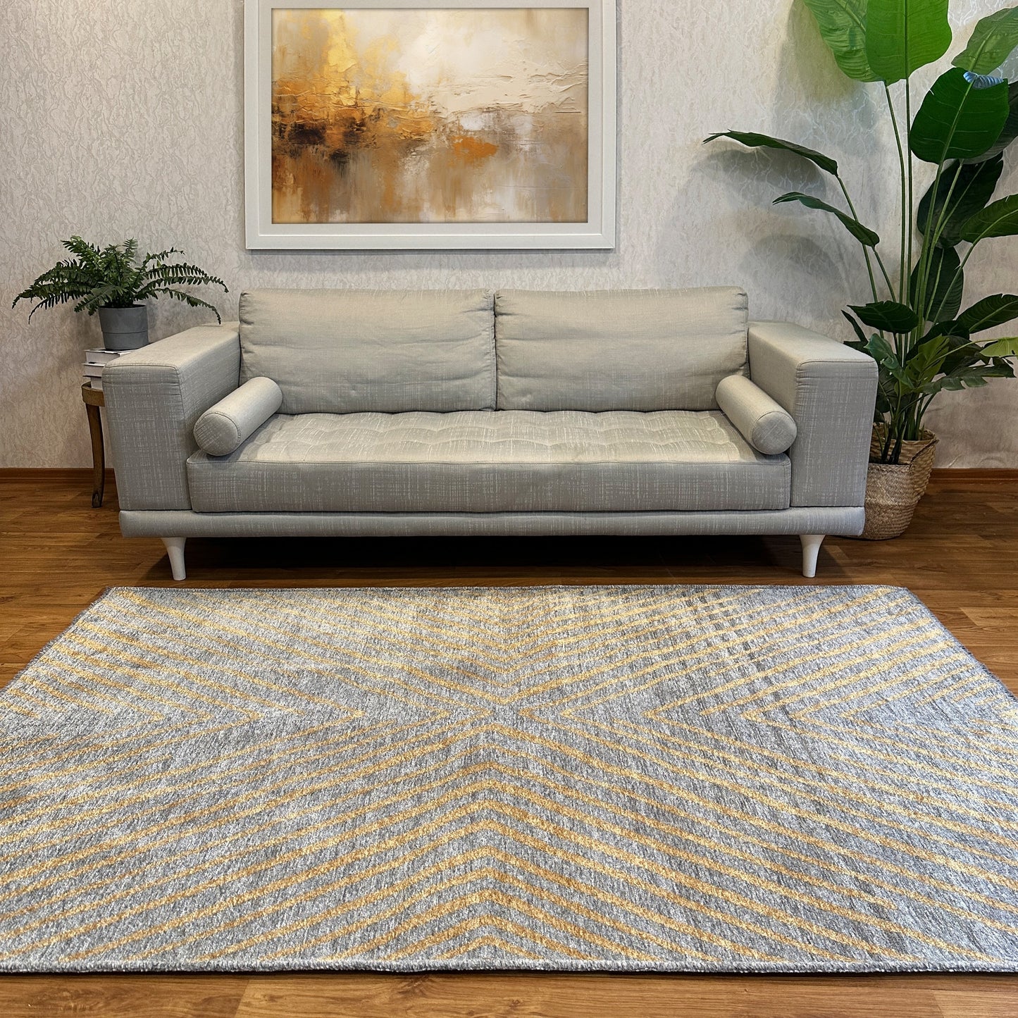 Alfa Rich 7 x 10 (ft) Loomed Gray Gold Rectangular Indoor Geometric Bohemian/Eclectic Machine washable Pet Friendly Area rug