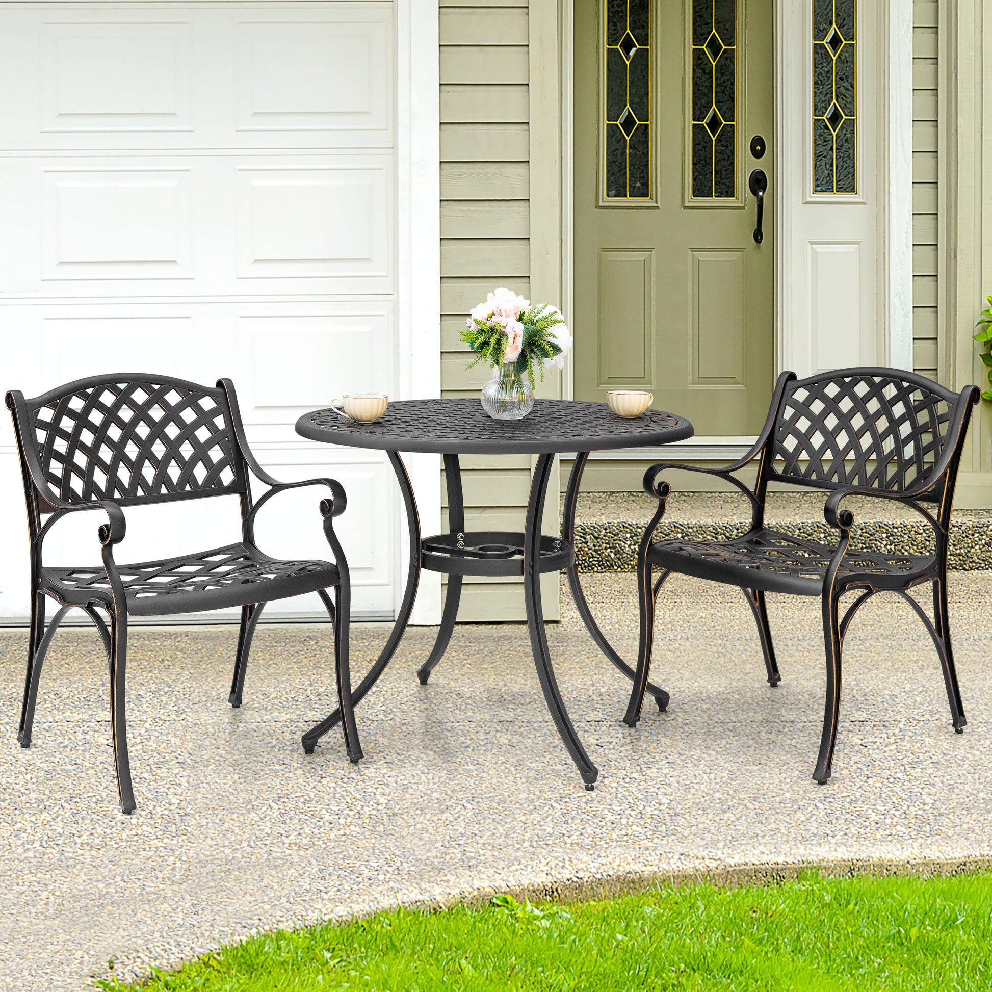 Nuu Garden 3 -Piece Black with antique bronze Bistro Patio Dining Set Aluminum Round Table with 2 Stationary Chairs