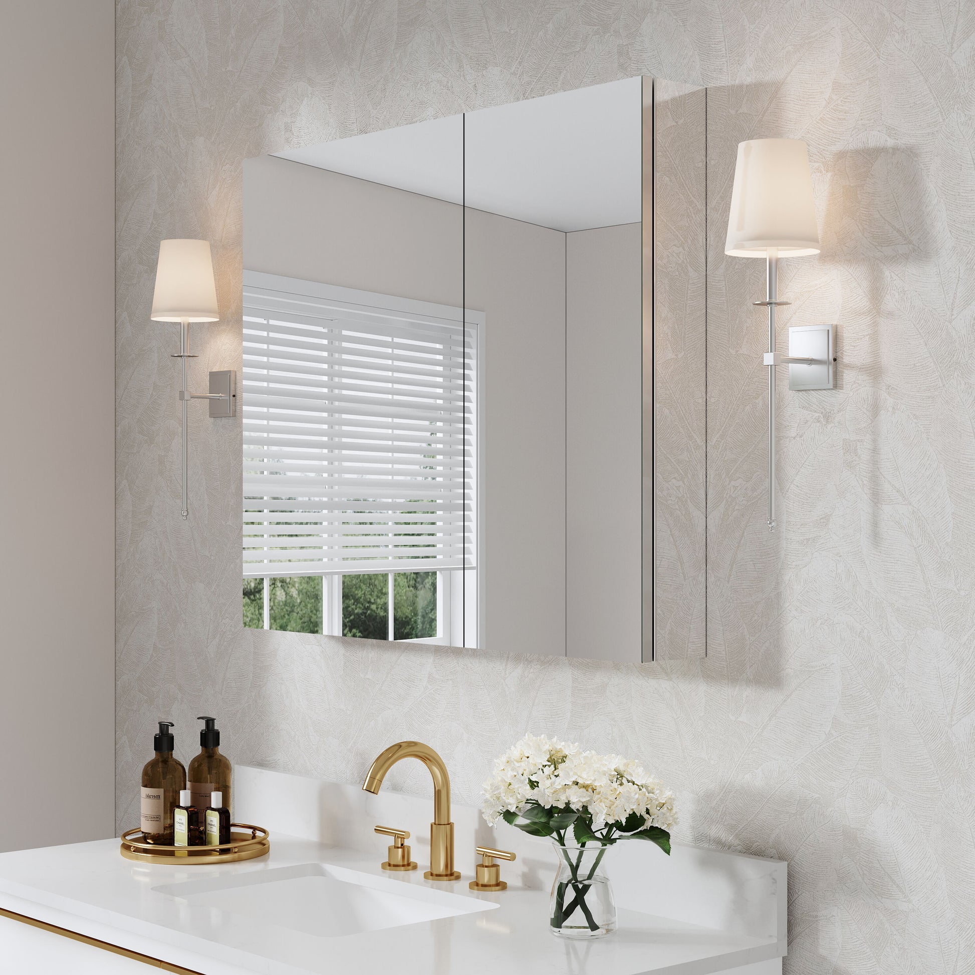 WELLFOR Ravo Medicine Cabinet 36-in x 30-in Surface/Recessed Mount Anodized Chrome Mirrored Rectangle Soft Close Medicine Cabinet