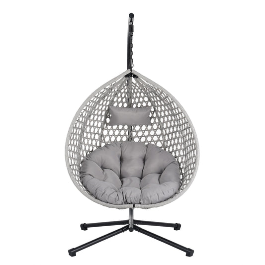 AHIOU HOME Hartford Wicker Gray Metal Frame Hanging Egg Chair with Gray Cushioned Seat