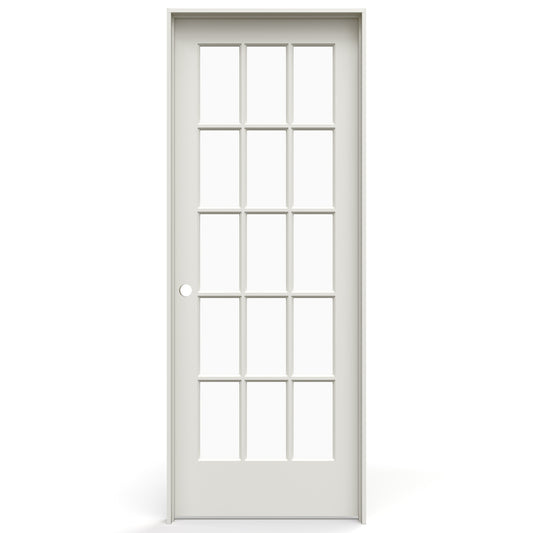 JELD-WEN 30-in x 80-in Primed Solid core Clear glass Right hand Smooth Primed Pine Wood Flat Jamb Single Prehung Interior Door